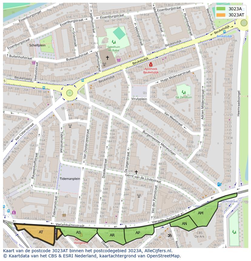 Afbeelding van het postcodegebied 3023 AT op de kaart.