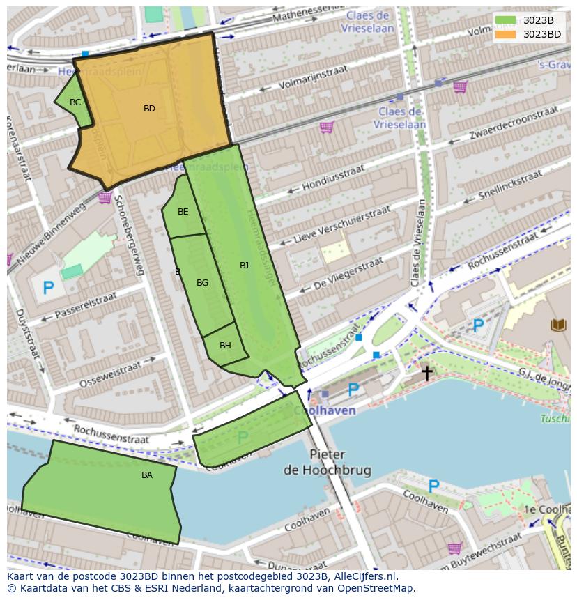 Afbeelding van het postcodegebied 3023 BD op de kaart.