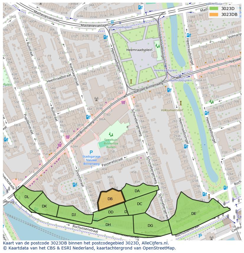 Afbeelding van het postcodegebied 3023 DB op de kaart.