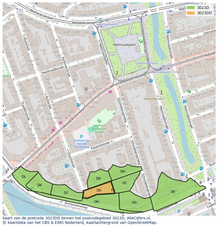 Afbeelding van het postcodegebied 3023 DD op de kaart.