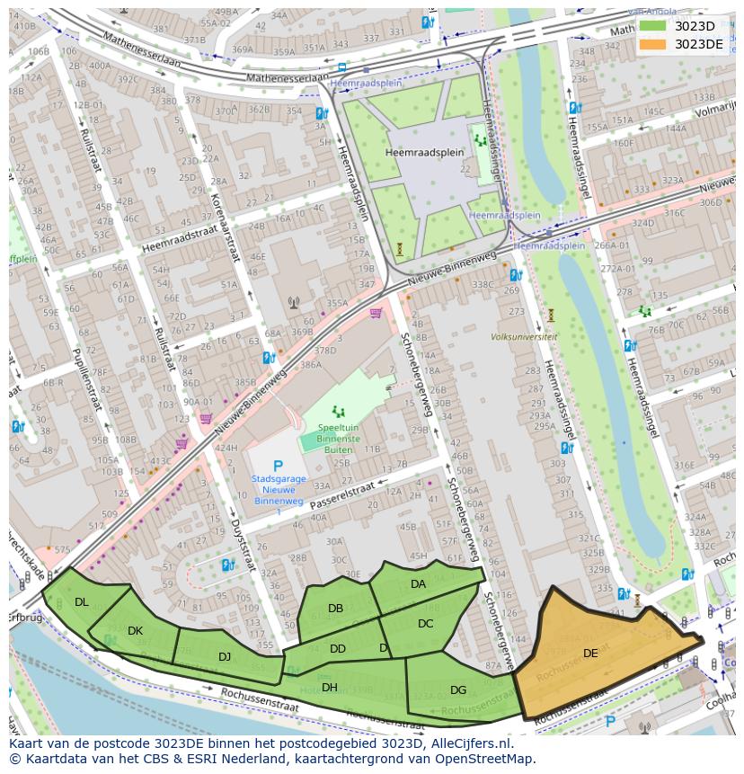 Afbeelding van het postcodegebied 3023 DE op de kaart.