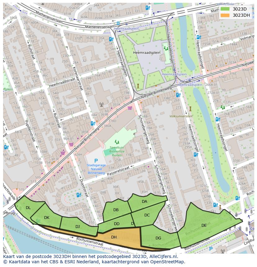 Afbeelding van het postcodegebied 3023 DH op de kaart.