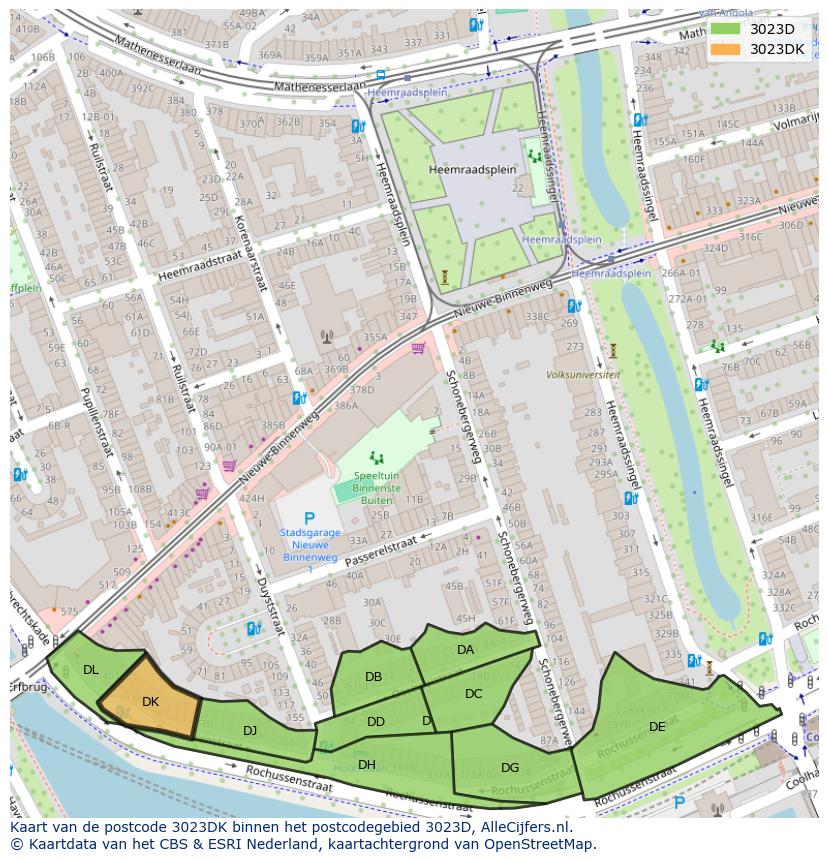 Afbeelding van het postcodegebied 3023 DK op de kaart.