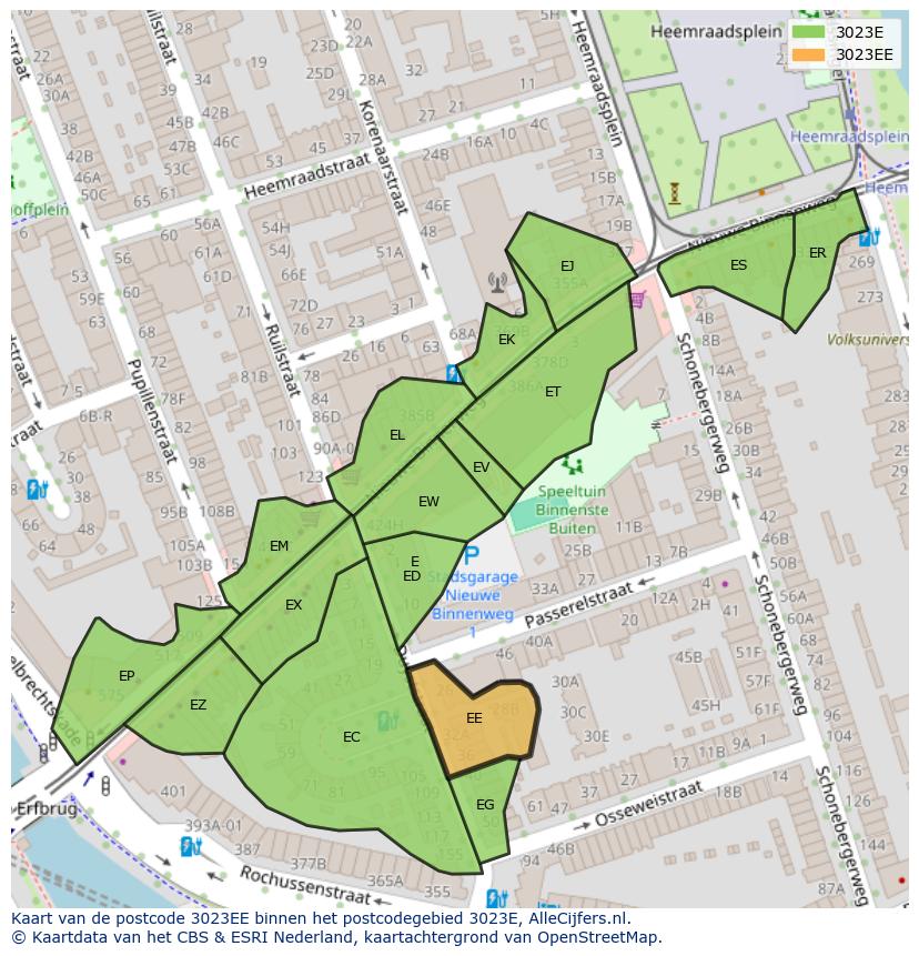 Afbeelding van het postcodegebied 3023 EE op de kaart.