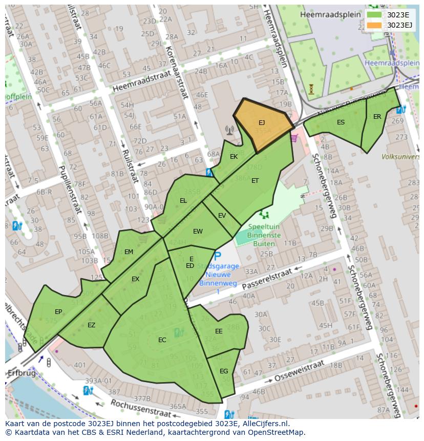 Afbeelding van het postcodegebied 3023 EJ op de kaart.