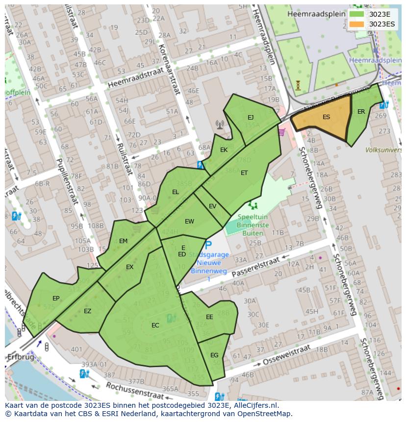 Afbeelding van het postcodegebied 3023 ES op de kaart.