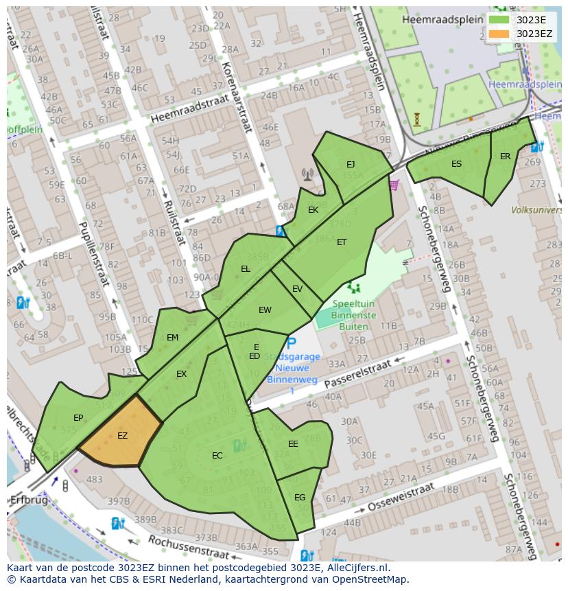 Afbeelding van het postcodegebied 3023 EZ op de kaart.