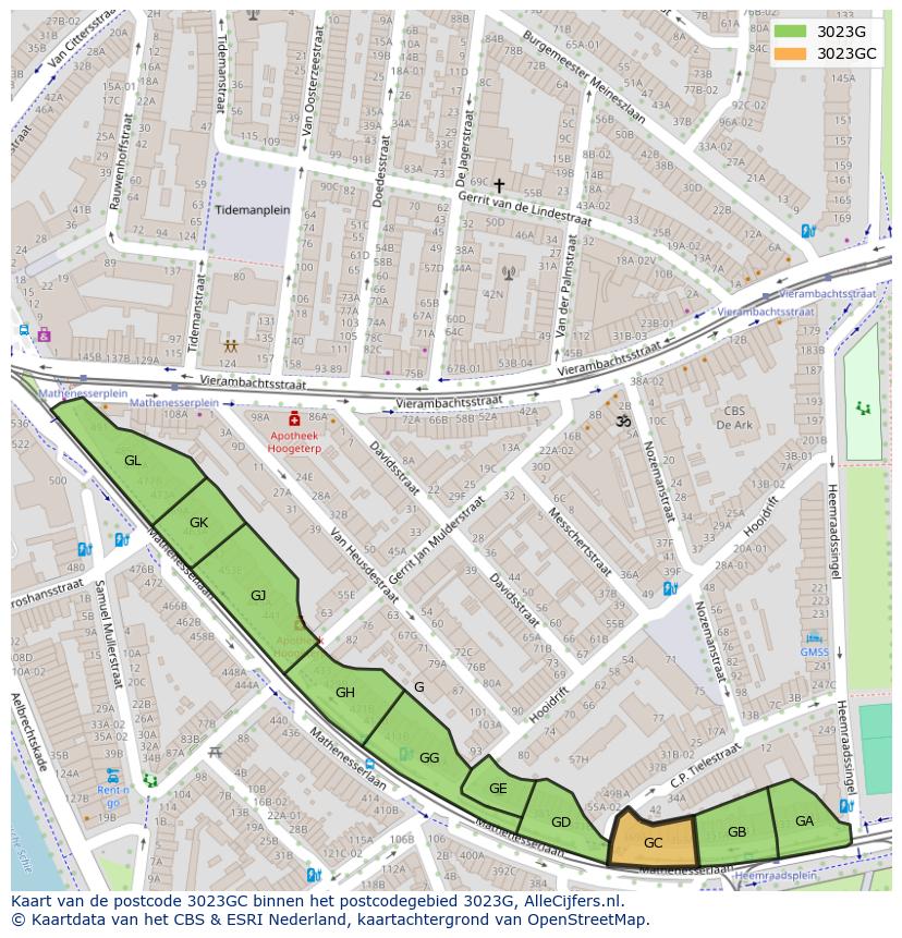 Afbeelding van het postcodegebied 3023 GC op de kaart.