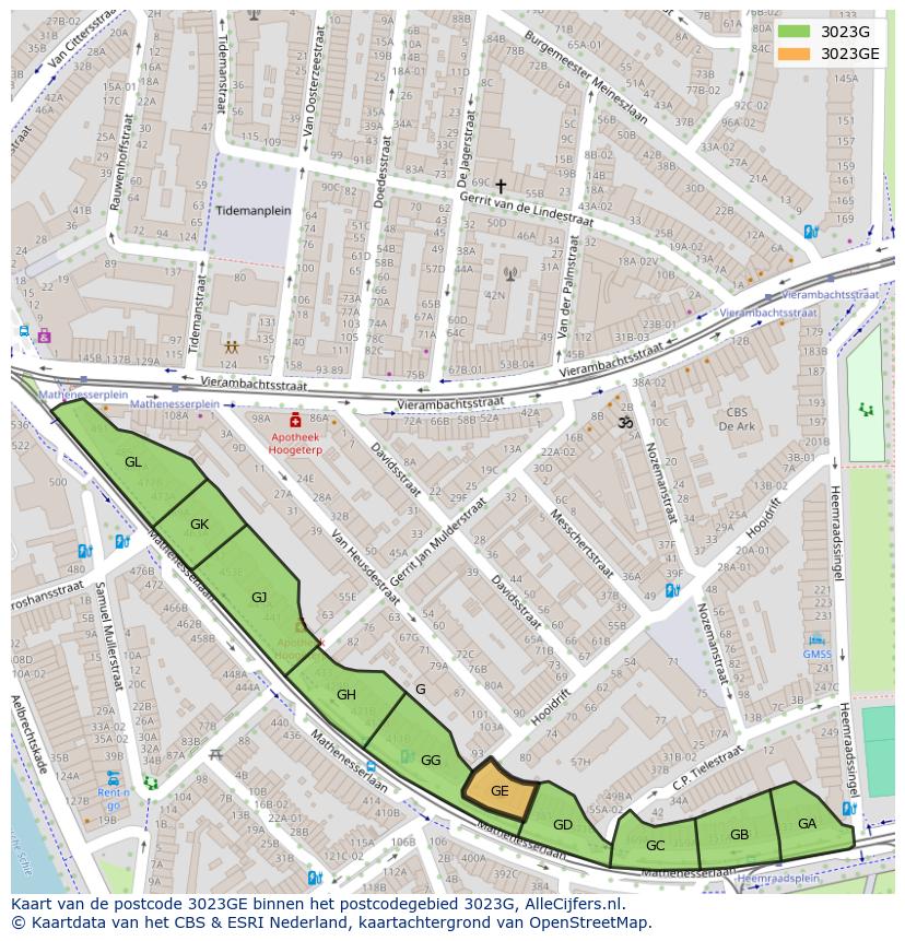 Afbeelding van het postcodegebied 3023 GE op de kaart.