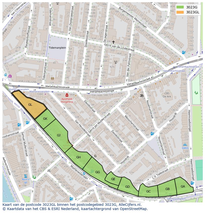 Afbeelding van het postcodegebied 3023 GL op de kaart.