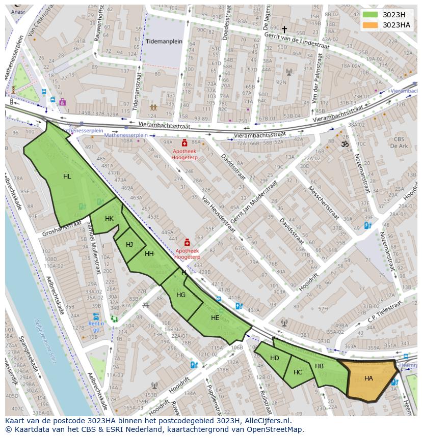 Afbeelding van het postcodegebied 3023 HA op de kaart.