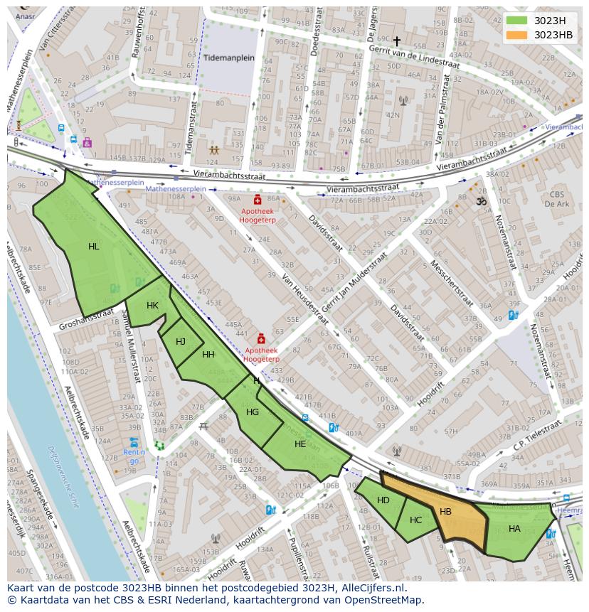 Afbeelding van het postcodegebied 3023 HB op de kaart.