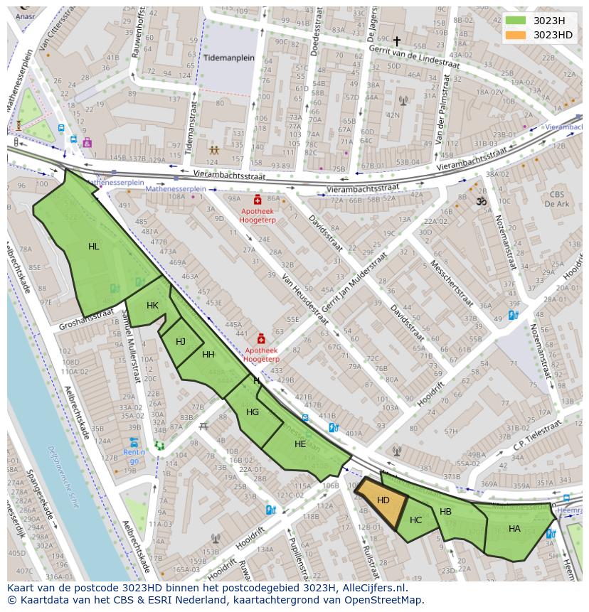 Afbeelding van het postcodegebied 3023 HD op de kaart.
