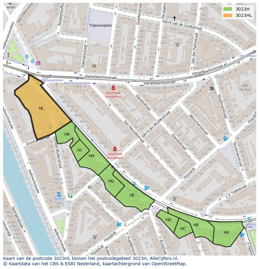 Afbeelding van het postcodegebied 3023 HL op de kaart.