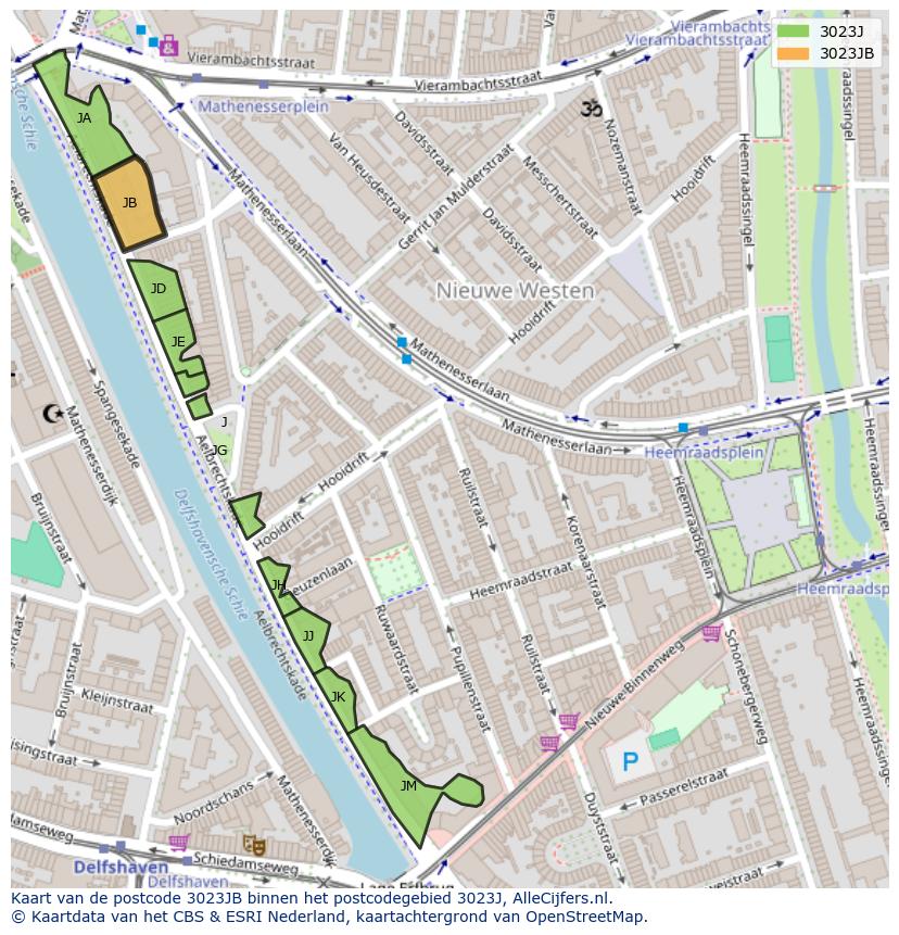 Afbeelding van het postcodegebied 3023 JB op de kaart.