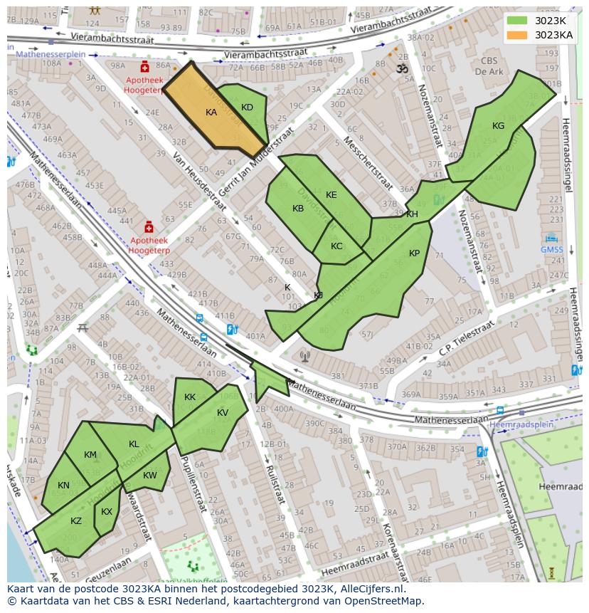 Afbeelding van het postcodegebied 3023 KA op de kaart.