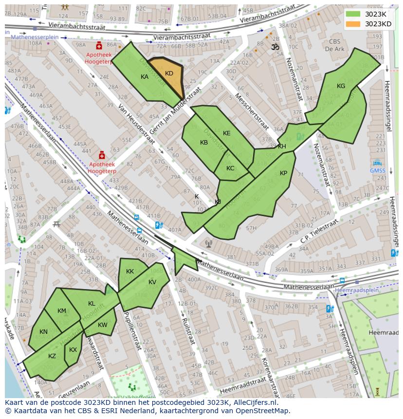 Afbeelding van het postcodegebied 3023 KD op de kaart.