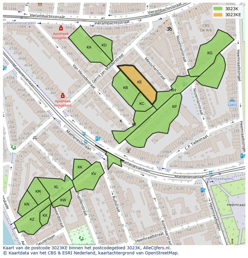 Afbeelding van het postcodegebied 3023 KE op de kaart.