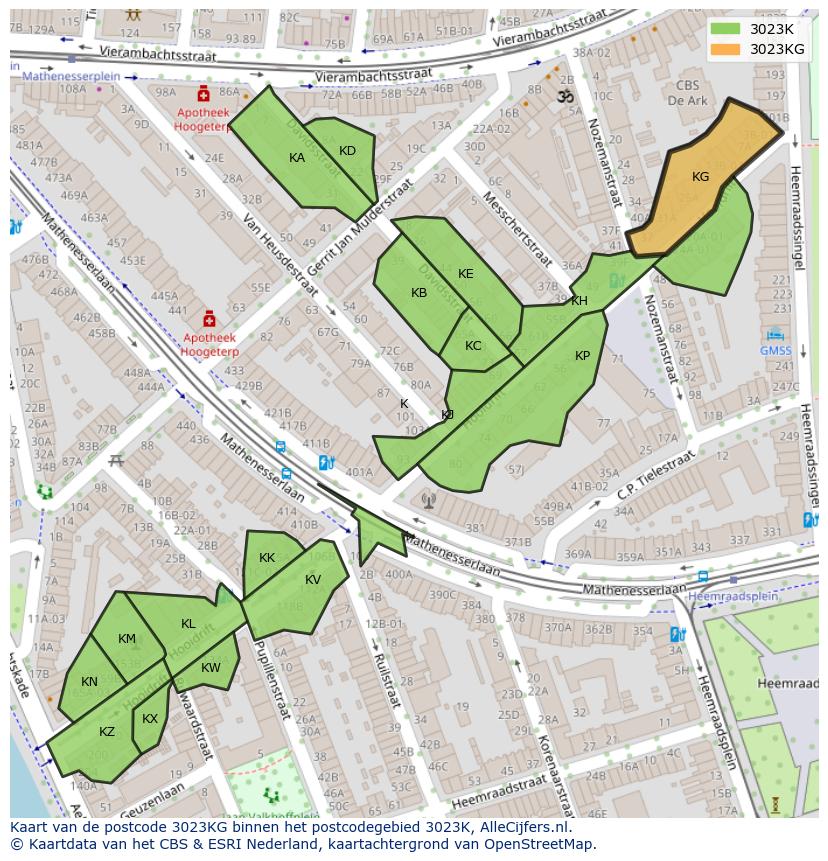 Afbeelding van het postcodegebied 3023 KG op de kaart.
