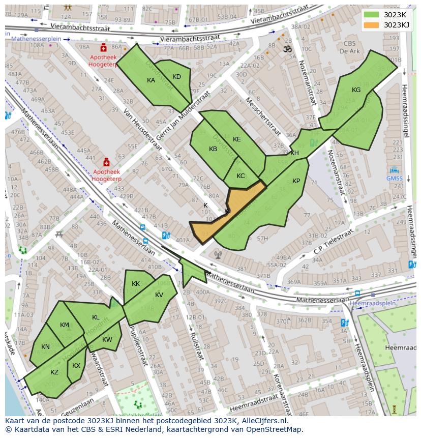 Afbeelding van het postcodegebied 3023 KJ op de kaart.