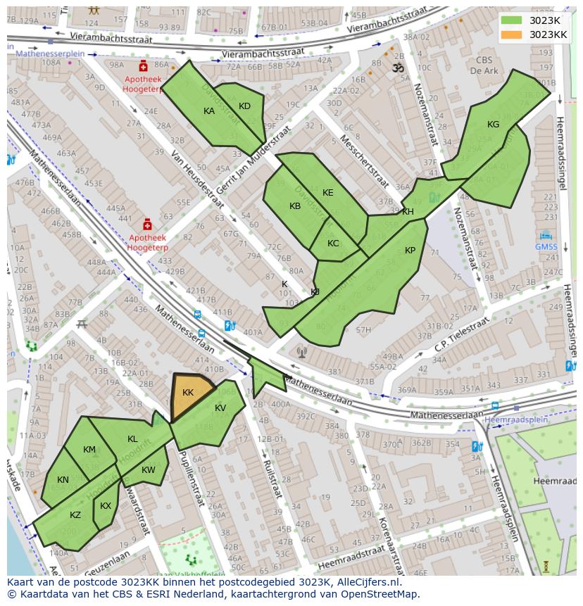 Afbeelding van het postcodegebied 3023 KK op de kaart.