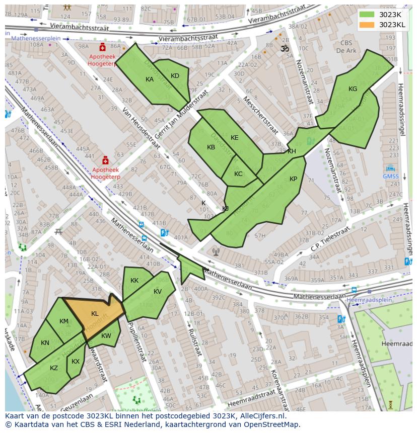Afbeelding van het postcodegebied 3023 KL op de kaart.