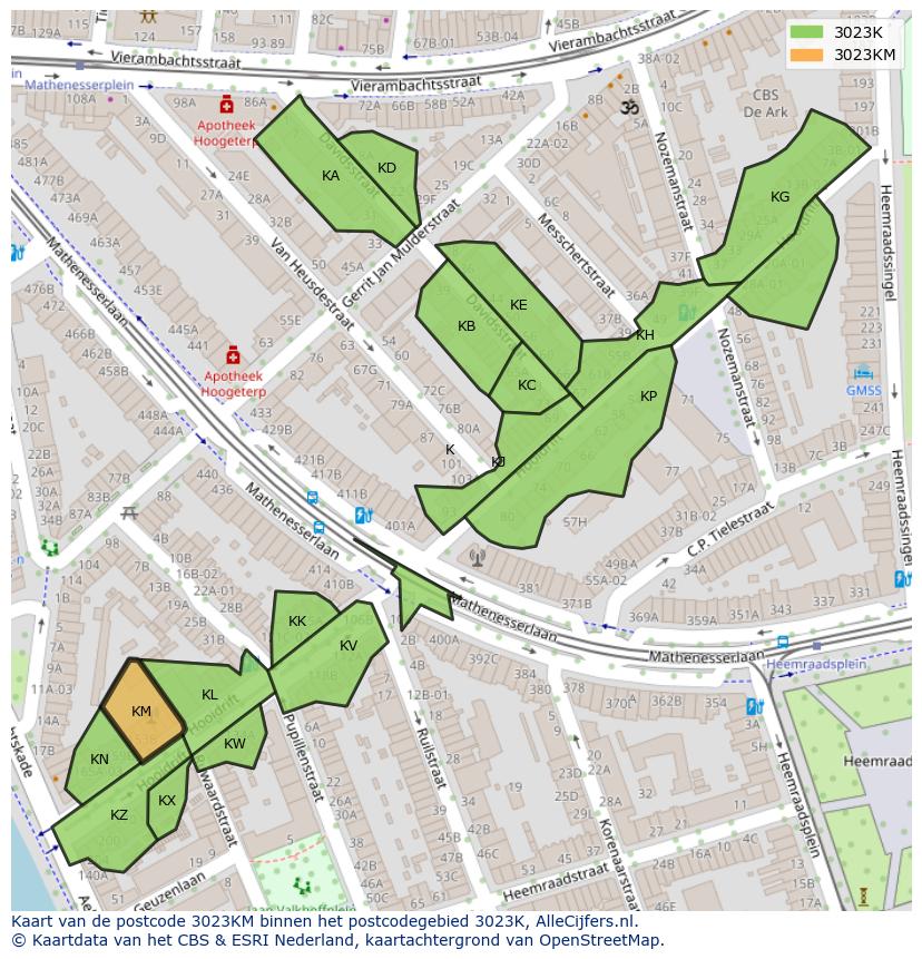 Afbeelding van het postcodegebied 3023 KM op de kaart.