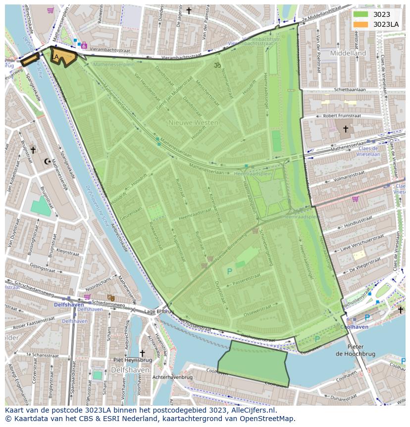 Afbeelding van het postcodegebied 3023 LA op de kaart.