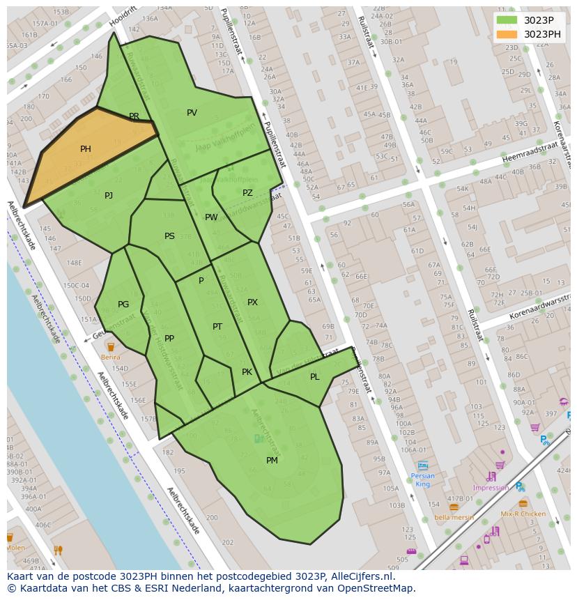 Afbeelding van het postcodegebied 3023 PH op de kaart.