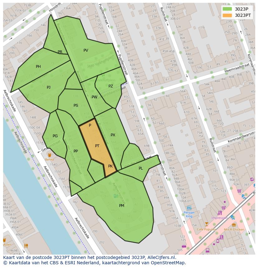 Afbeelding van het postcodegebied 3023 PT op de kaart.