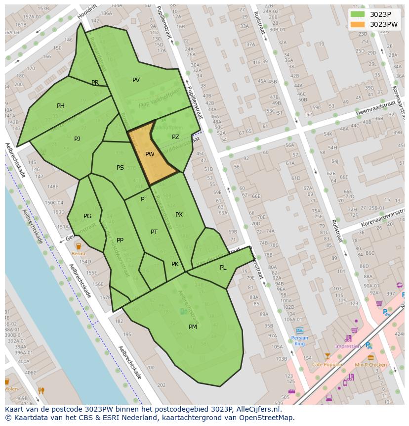 Afbeelding van het postcodegebied 3023 PW op de kaart.