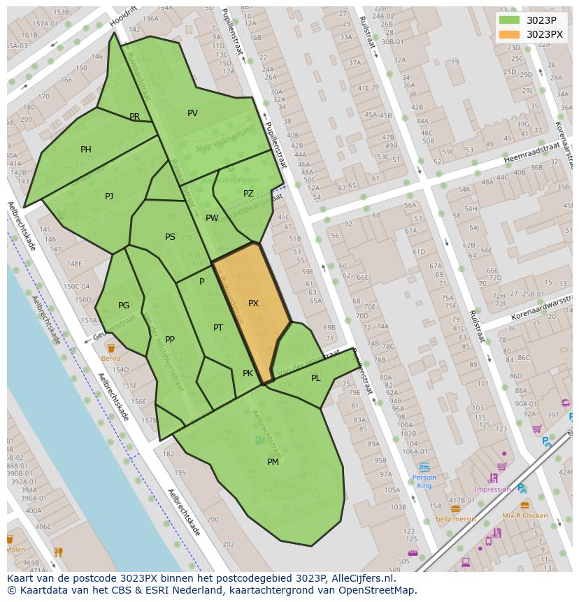 Afbeelding van het postcodegebied 3023 PX op de kaart.