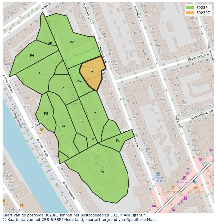 Afbeelding van het postcodegebied 3023 PZ op de kaart.
