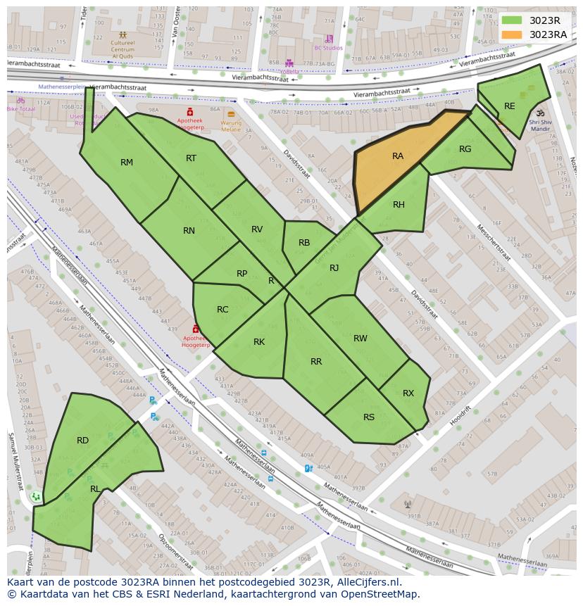 Afbeelding van het postcodegebied 3023 RA op de kaart.