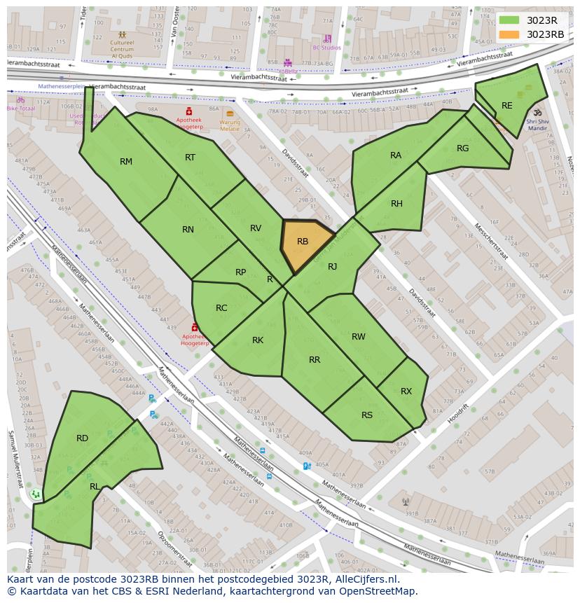 Afbeelding van het postcodegebied 3023 RB op de kaart.