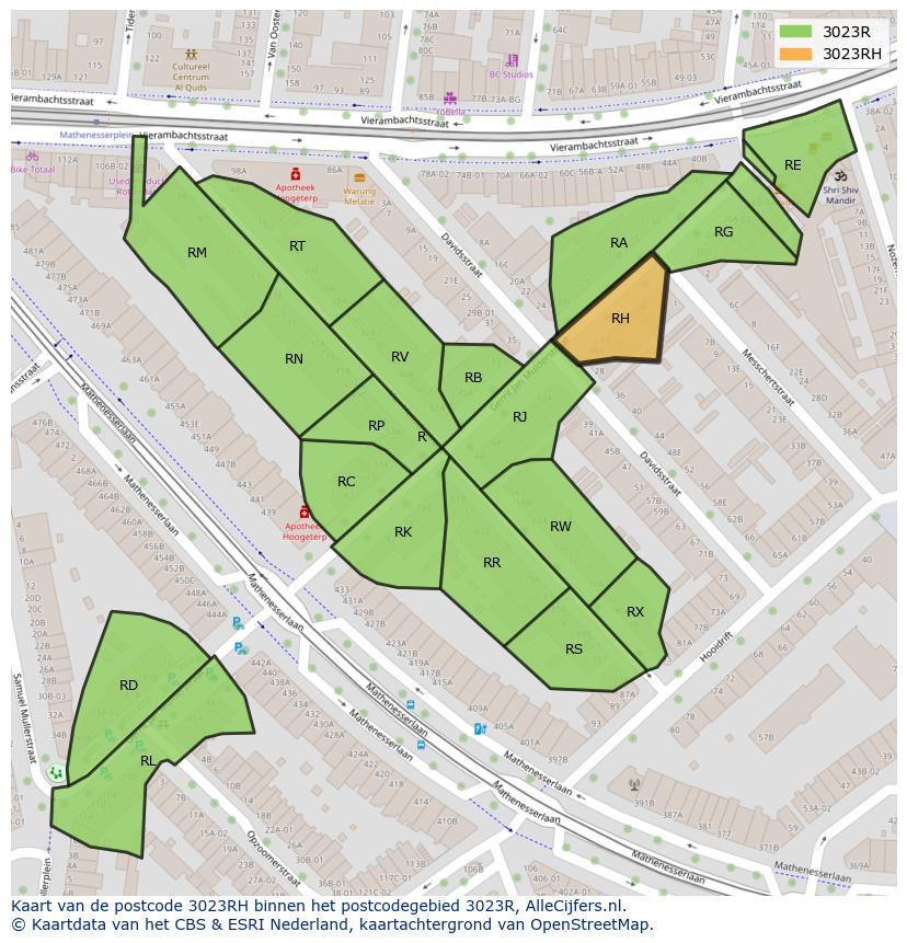 Afbeelding van het postcodegebied 3023 RH op de kaart.