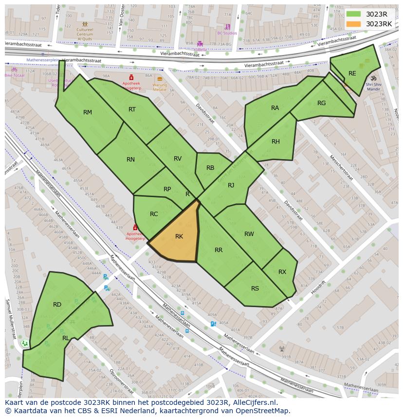 Afbeelding van het postcodegebied 3023 RK op de kaart.
