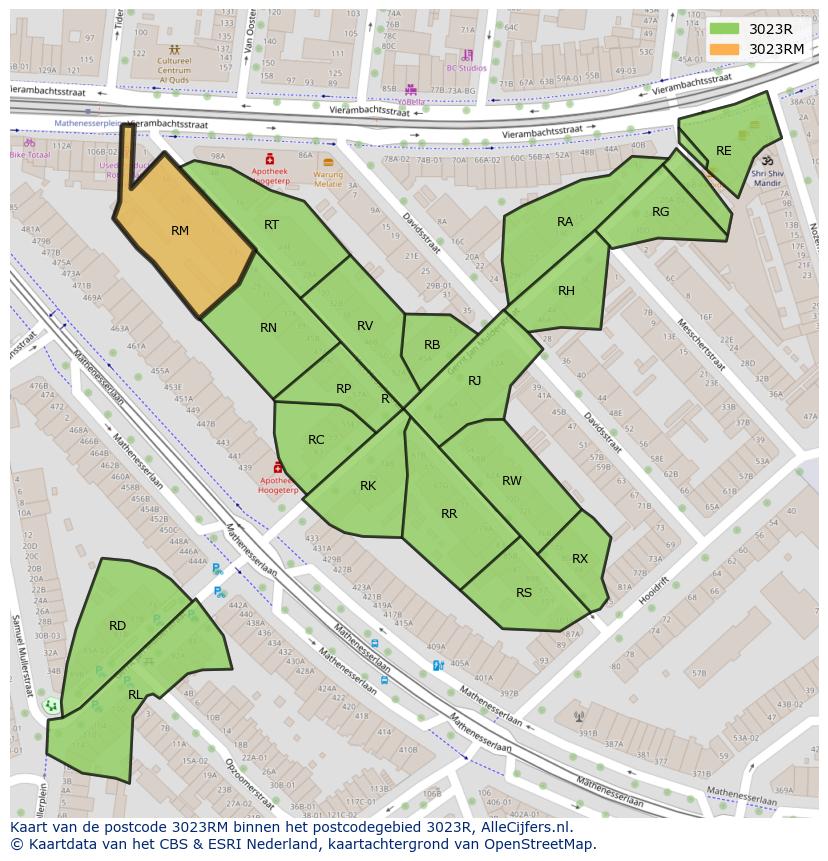 Afbeelding van het postcodegebied 3023 RM op de kaart.