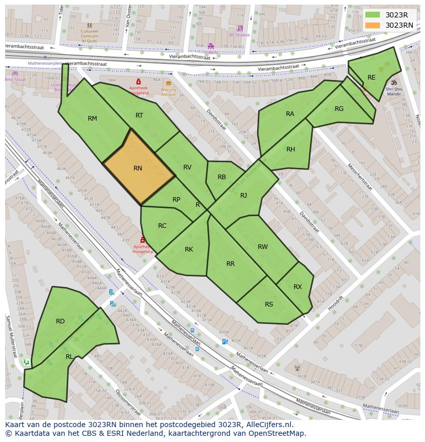 Afbeelding van het postcodegebied 3023 RN op de kaart.