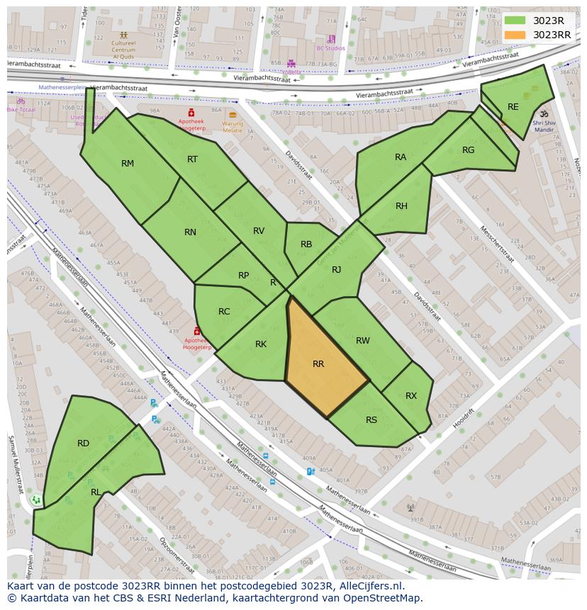 Afbeelding van het postcodegebied 3023 RR op de kaart.