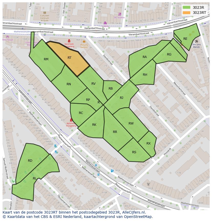 Afbeelding van het postcodegebied 3023 RT op de kaart.