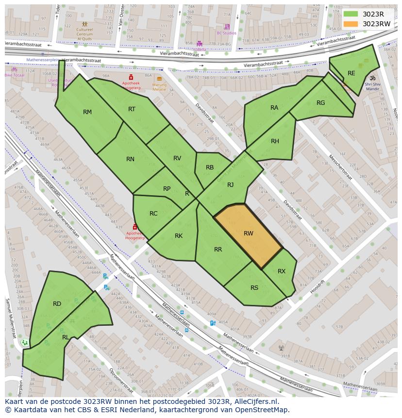 Afbeelding van het postcodegebied 3023 RW op de kaart.