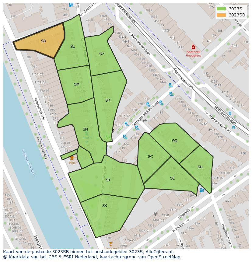 Afbeelding van het postcodegebied 3023 SB op de kaart.