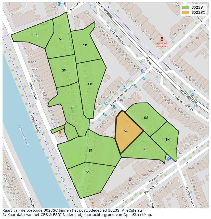 Afbeelding van het postcodegebied 3023 SC op de kaart.
