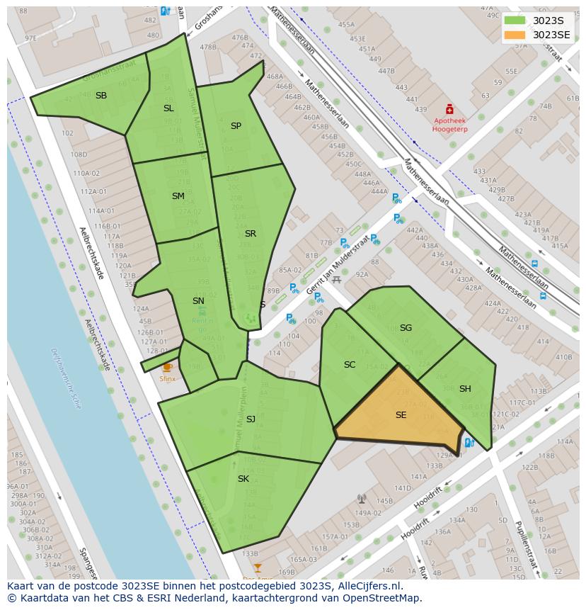 Afbeelding van het postcodegebied 3023 SE op de kaart.
