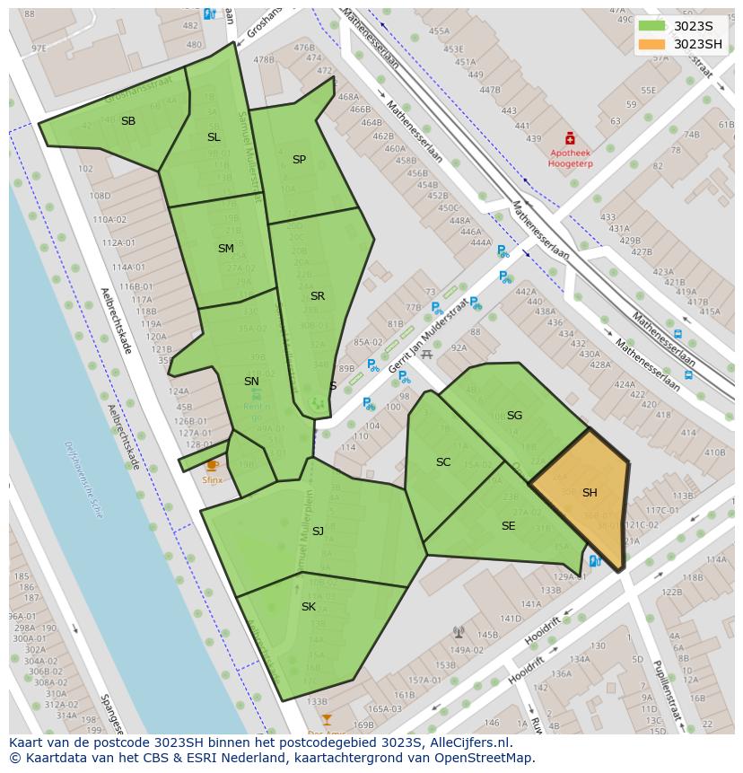 Afbeelding van het postcodegebied 3023 SH op de kaart.