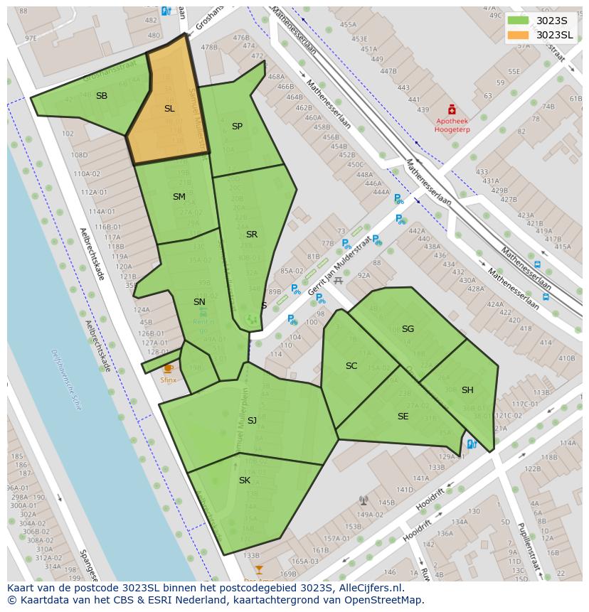 Afbeelding van het postcodegebied 3023 SL op de kaart.