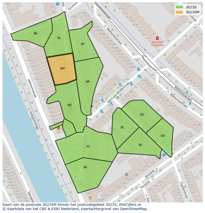 Afbeelding van het postcodegebied 3023 SM op de kaart.