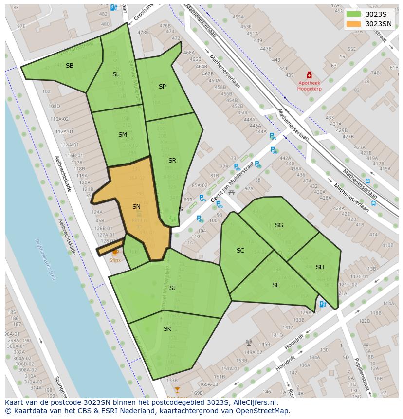 Afbeelding van het postcodegebied 3023 SN op de kaart.