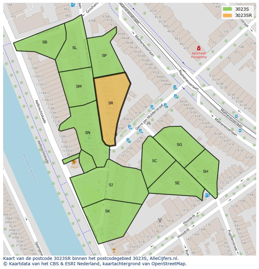 Afbeelding van het postcodegebied 3023 SR op de kaart.
